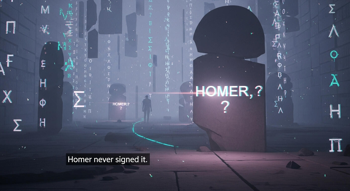 The Echo Before the Name A poetic visual fragment showing glitching Greek text, forgotten inscriptions and the fading name of Homer.